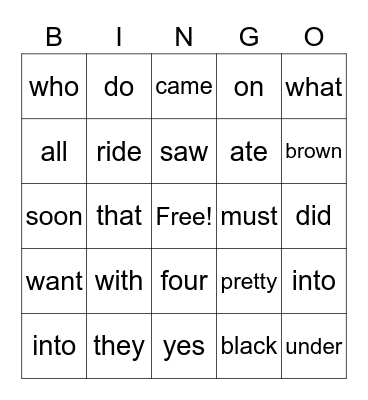 Sight Words Bingo Card