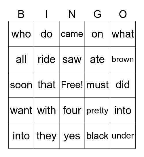 Sight Words Bingo Card
