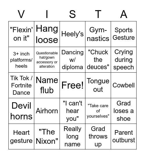 Vista Grad Bingo Card