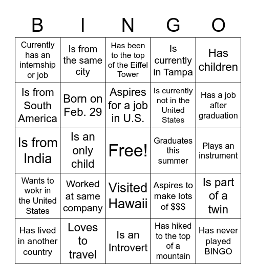 ISM6155 - 1st Day Attendance Bingo Card