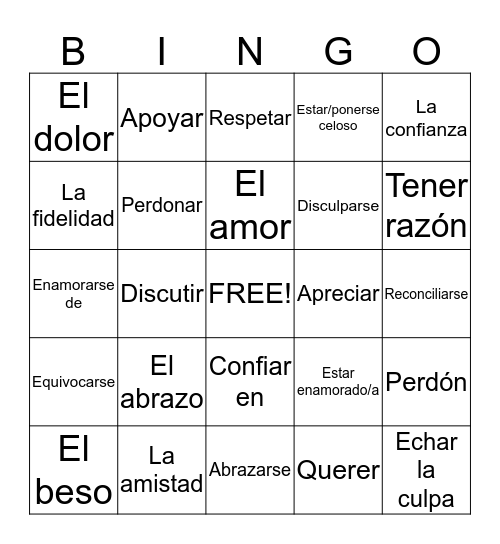 Spanish 3 Chapter 2 A Bingo Card