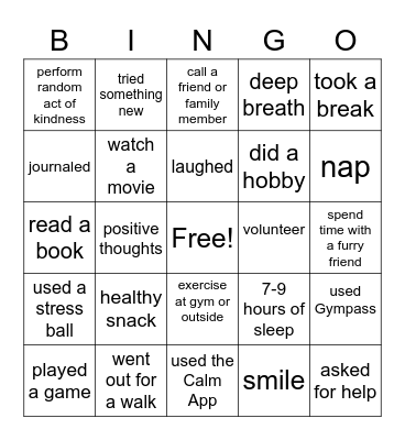 Mental Health Awareness Bingo Card