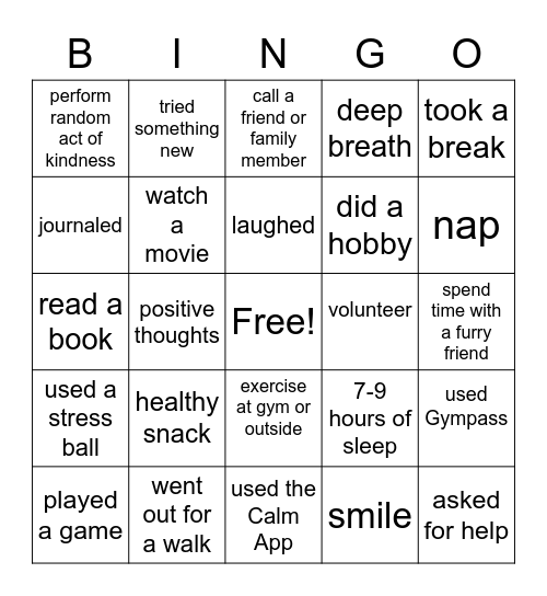 Mental Health Awareness Bingo Card