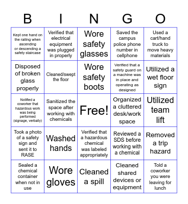 Manufacturing Safety Bingo Card