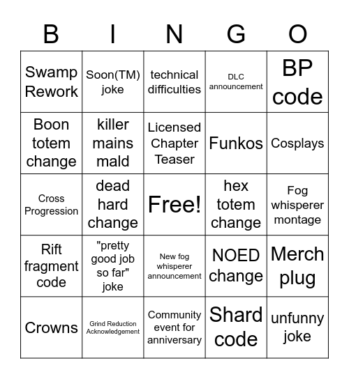 DBD 6th Year Anni Stream Bingo Card