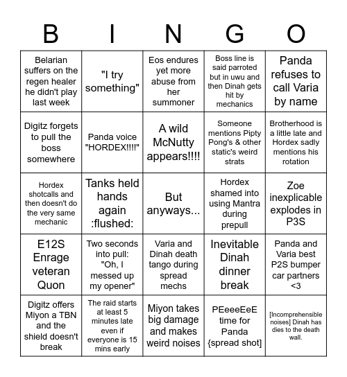 Staira Raid Night Bingo Card