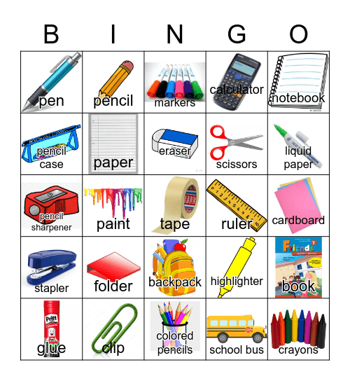 School Objects Bingo Card
