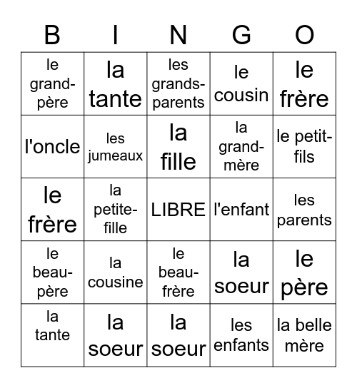 LA FAMILLE EN FRANÇAIS Bingo Card