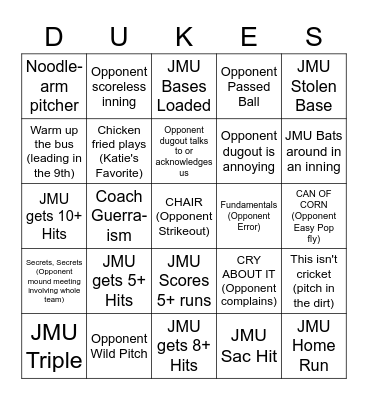 JMU Baseball Bingo Card