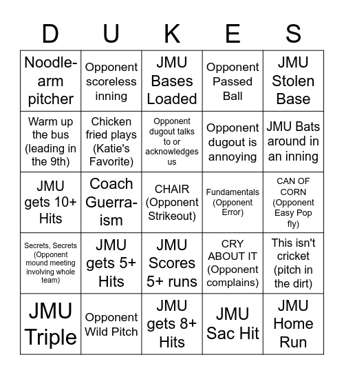 JMU Baseball Bingo Card