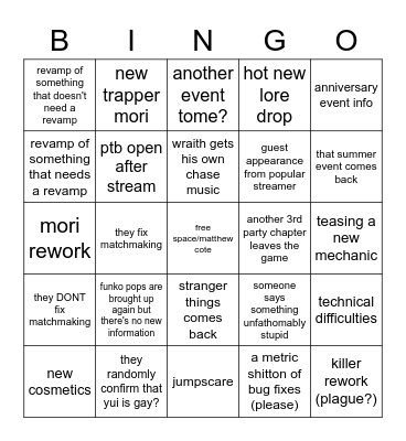 dbd anniversary bingo Card