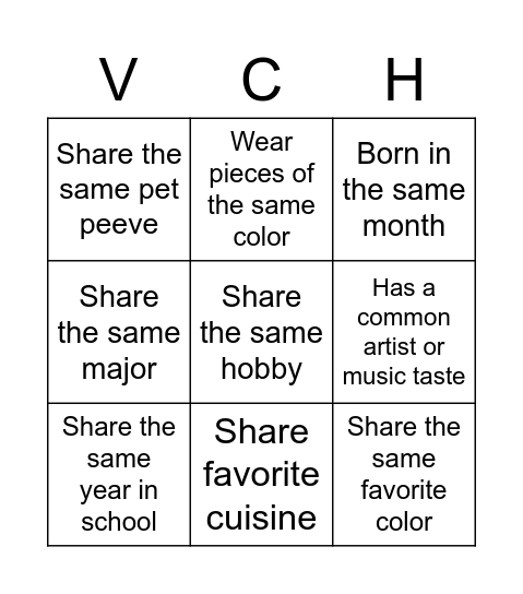 VCH Banquet Bingo Card