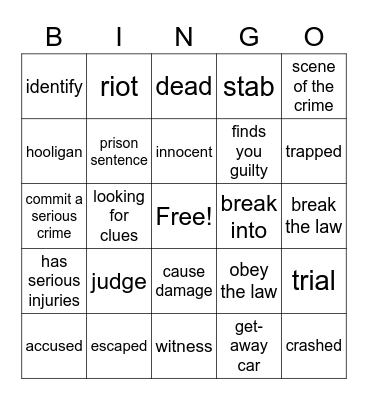 Crime Vocabulary Bingo Card