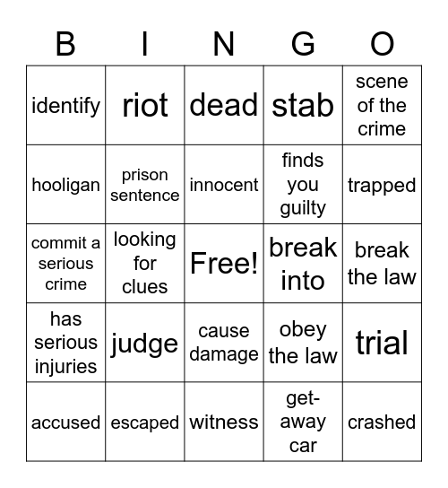 Crime Vocabulary Bingo Card