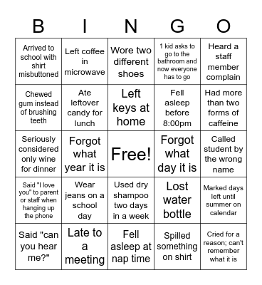 Tired Teacher Bingo Card