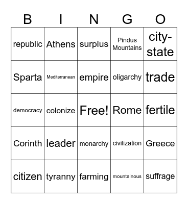 Greece/Rome Bingo Card