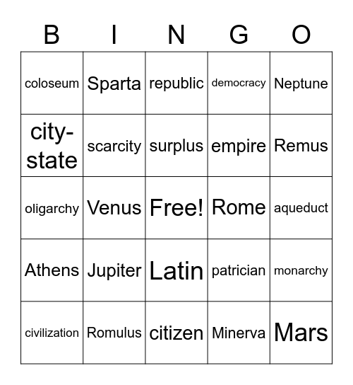 Greece/Rome Bingo Card