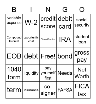 Personal Finance Exam Review Bingo Card