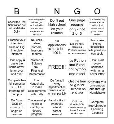 SOM Orientation - Careers Bingo Card