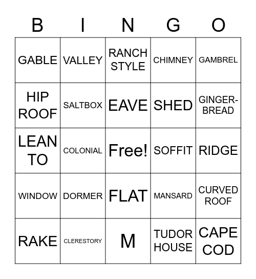 ROOF TERMS/ STYLES Bingo Card