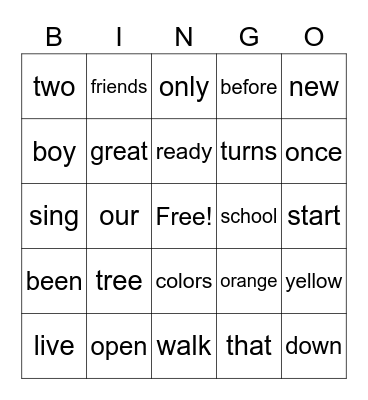 2nd Grade High Frequency Word Bingo Card