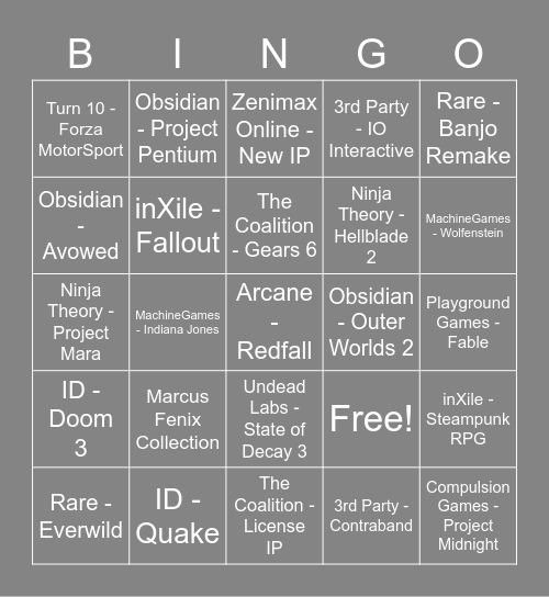 Xbox Showcase Bingo Card