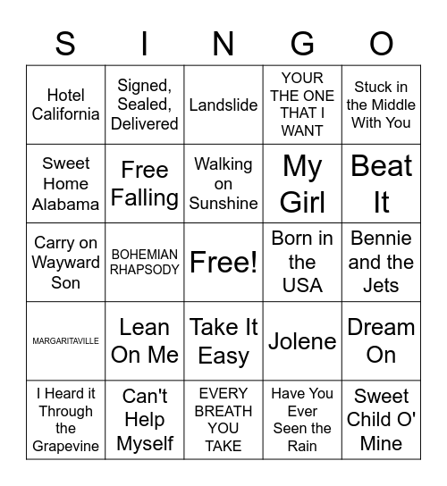 SINGO Bingo Card