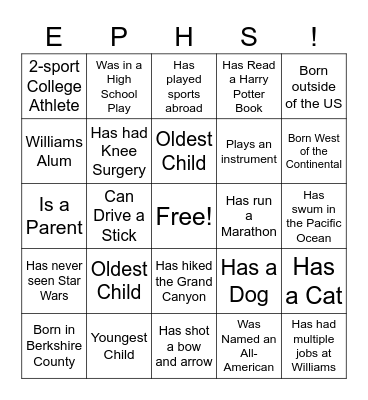WIlliams Athletics Bingo Card