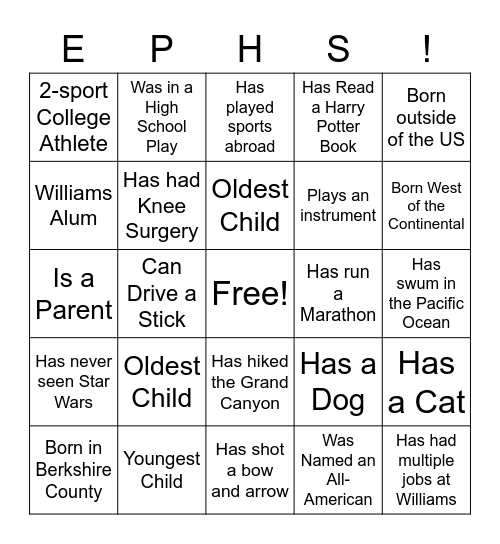 WIlliams Athletics Bingo Card