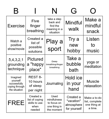 Distress Tolerance Bingo Card
