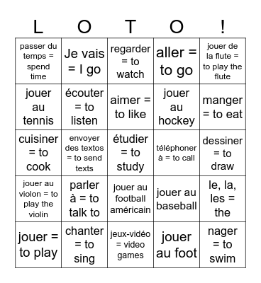7 Les loisirs er verbs être / avoir / -aller Bingo Card