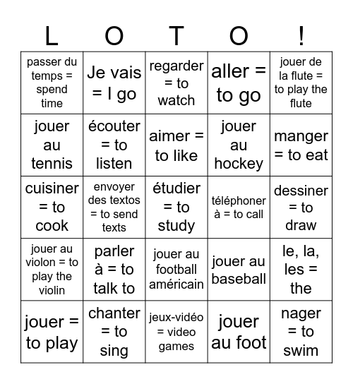7 Les loisirs er verbs être / avoir / -aller Bingo Card