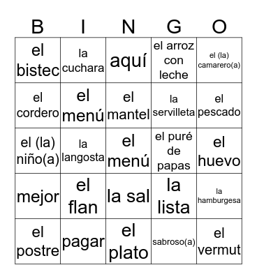 Lección 5. El menú, por favor Bingo Card