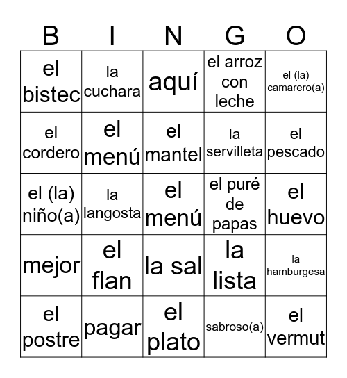 Lección 5. El menú, por favor Bingo Card