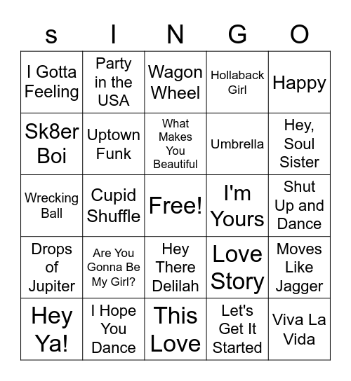 2000's Songs Bingo Card