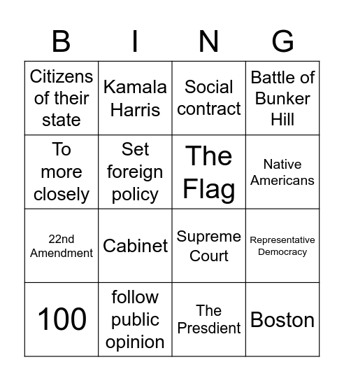 Civics Bingo Study Card 1 Bingo Card