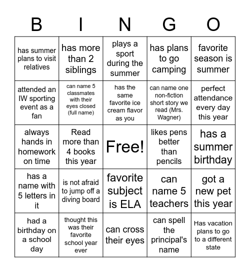 End of Year Classmate Bingo Card