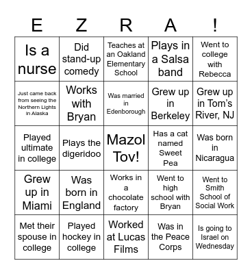 EZRA'S BAR MITZVAH BINGO Card