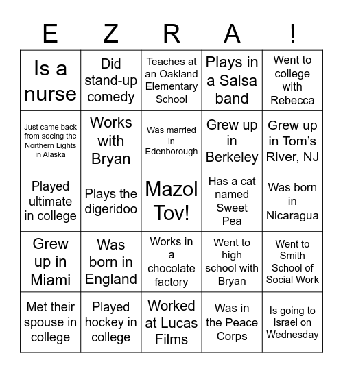 EZRA'S BAR MITZVAH BINGO Card