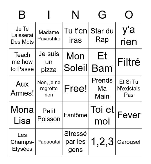 Les Chansons Françaises Bingo Card