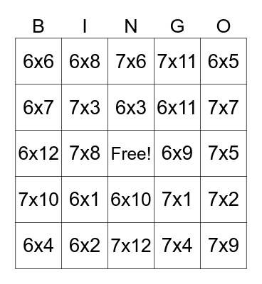 multiplication 6 and 7 Bingo Card