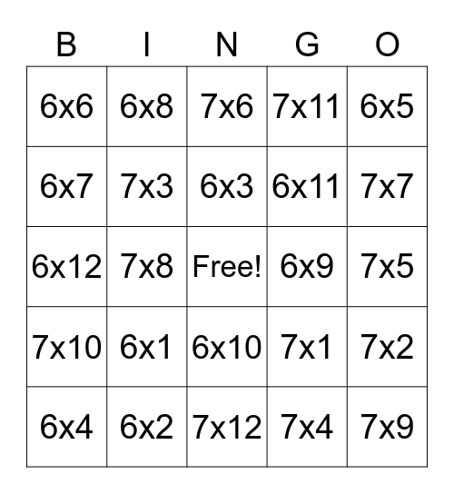 Multiplication 6 And 7 Bingo Card
