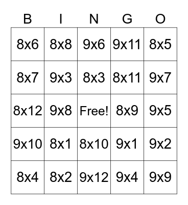 multiplication 8 and 9 Bingo Card