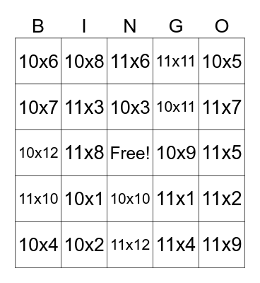 multiplication 10 and 11 Bingo Card
