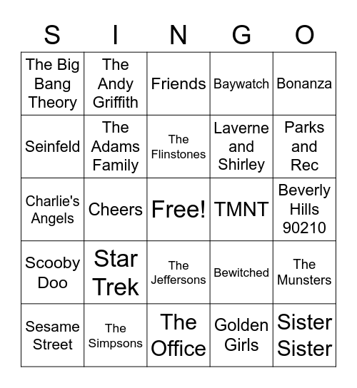 TV Theme Songs Bingo Card