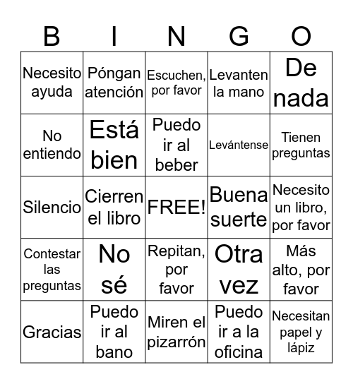 Spanish Bingo Card