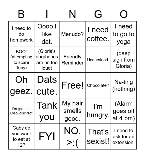 Gloria Bingo Card