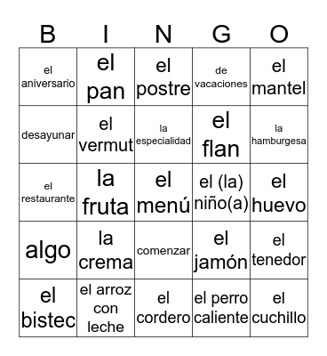 Lección 5. El menú, por favor Bingo Card