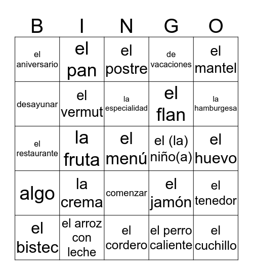 Lección 5. El menú, por favor Bingo Card