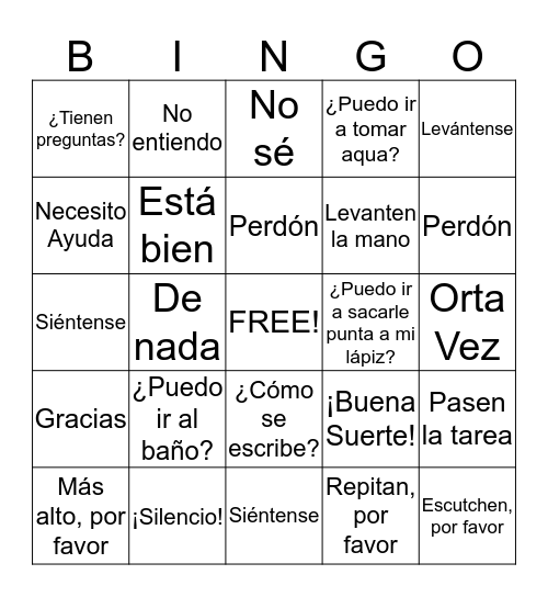 Expresiones Útiles en la clase de español Bingo Card